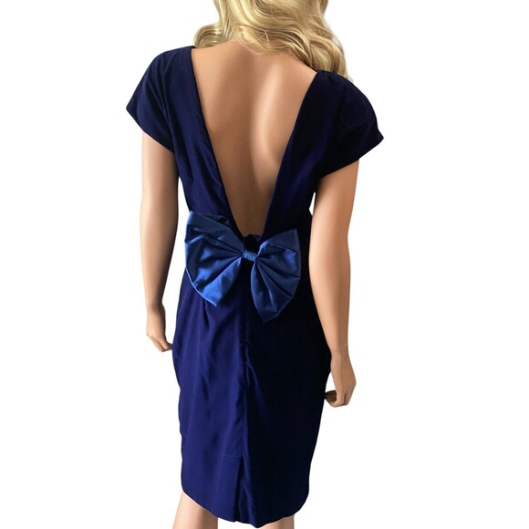 Ann Taylor Dress Vintage 80s Backless Plunge Blue Velvet Sheath Bow Made USA 8 - Picture 6 of 12